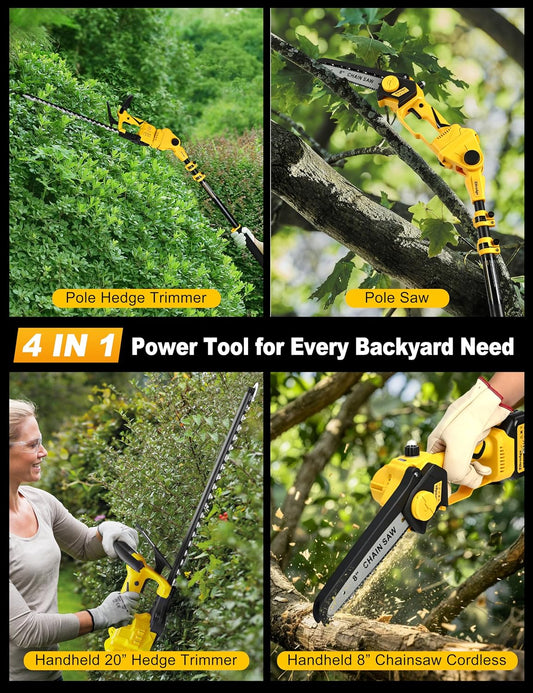 8" Pole Saw Cordless + 20" Pole Hedge Trimmer 4-in-1, Electric Mini Chainsaw/Hedge Trimmer with Extension Pole, 15Ft Max Reach for Tree Trimming and Shrubs Pruning, 2×3.0Ah Battery