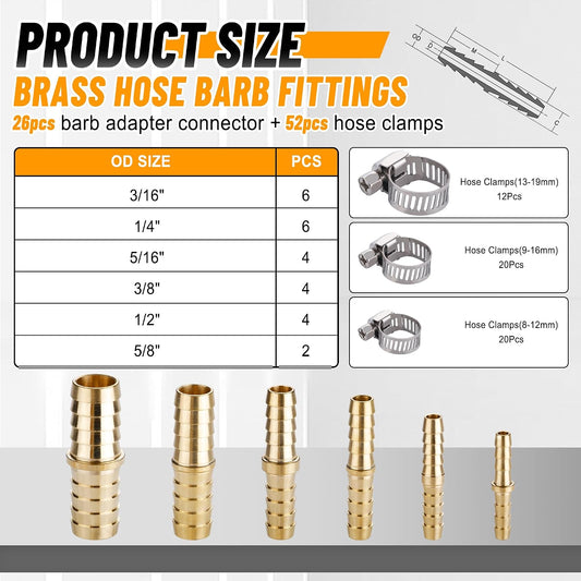 26PCS Brass Hose Barb Fittings Splicer Mender Kit with Pipe Clamp