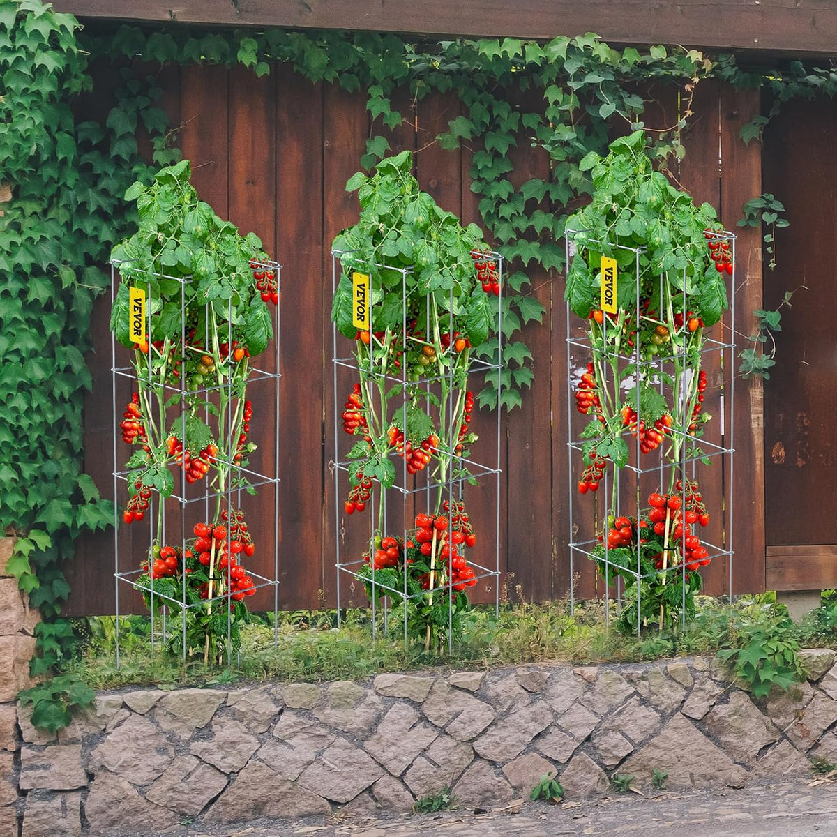 Tomato Cages, 11.8" x 11.8" x 46.1", 10 Packs Square Plant Support Cages, Silver PVC-Coated Steel Tomato Towers for Climbing Vegetables, Plants, Flowers, Fruits