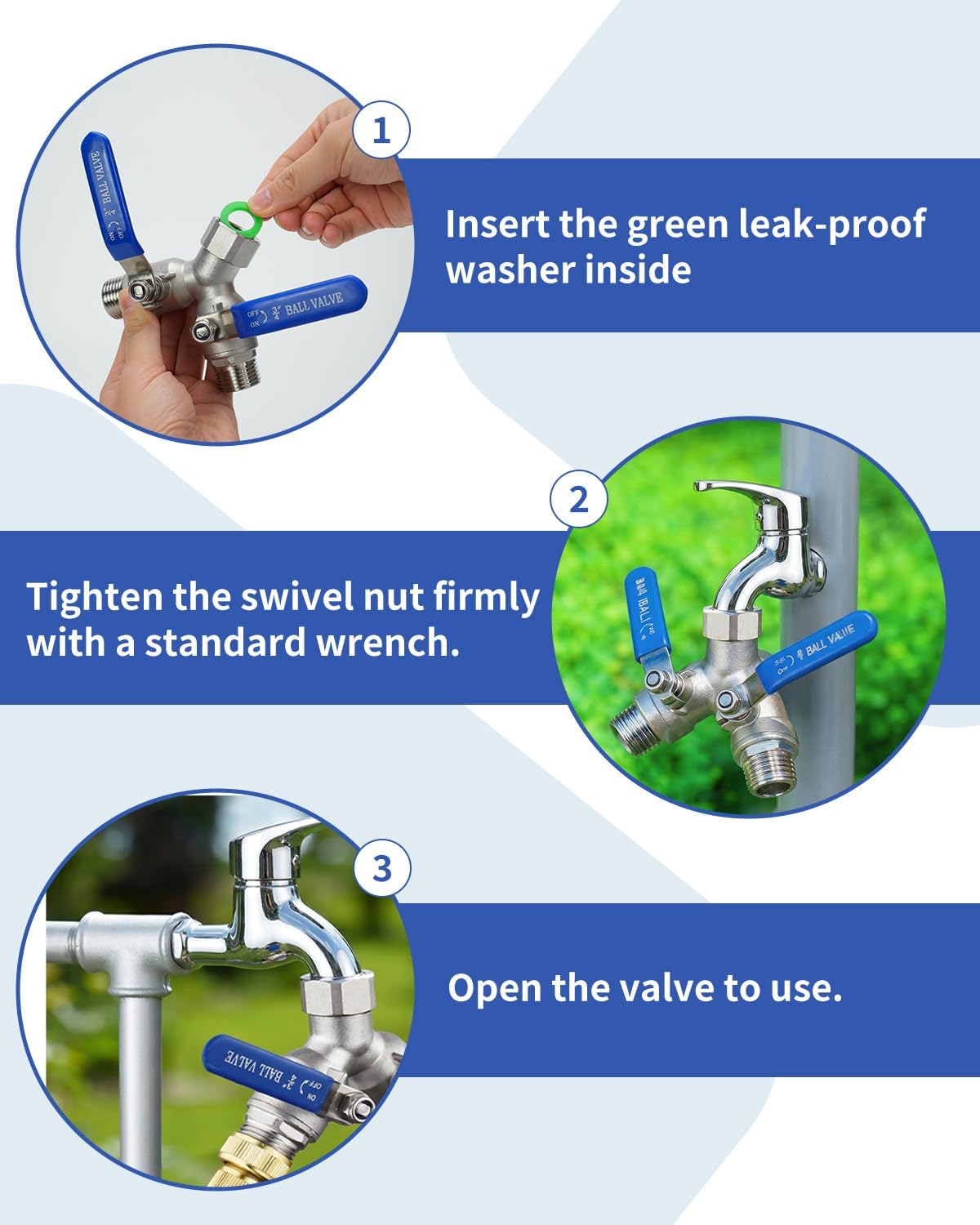 304 Stainless Steel Garden Hose Splitter 2 Way Heavy Duty, Y Valve Water Hose Splitter with Full Flow, Long Handle, 3/4" GHT Thread for Outdoor Faucet