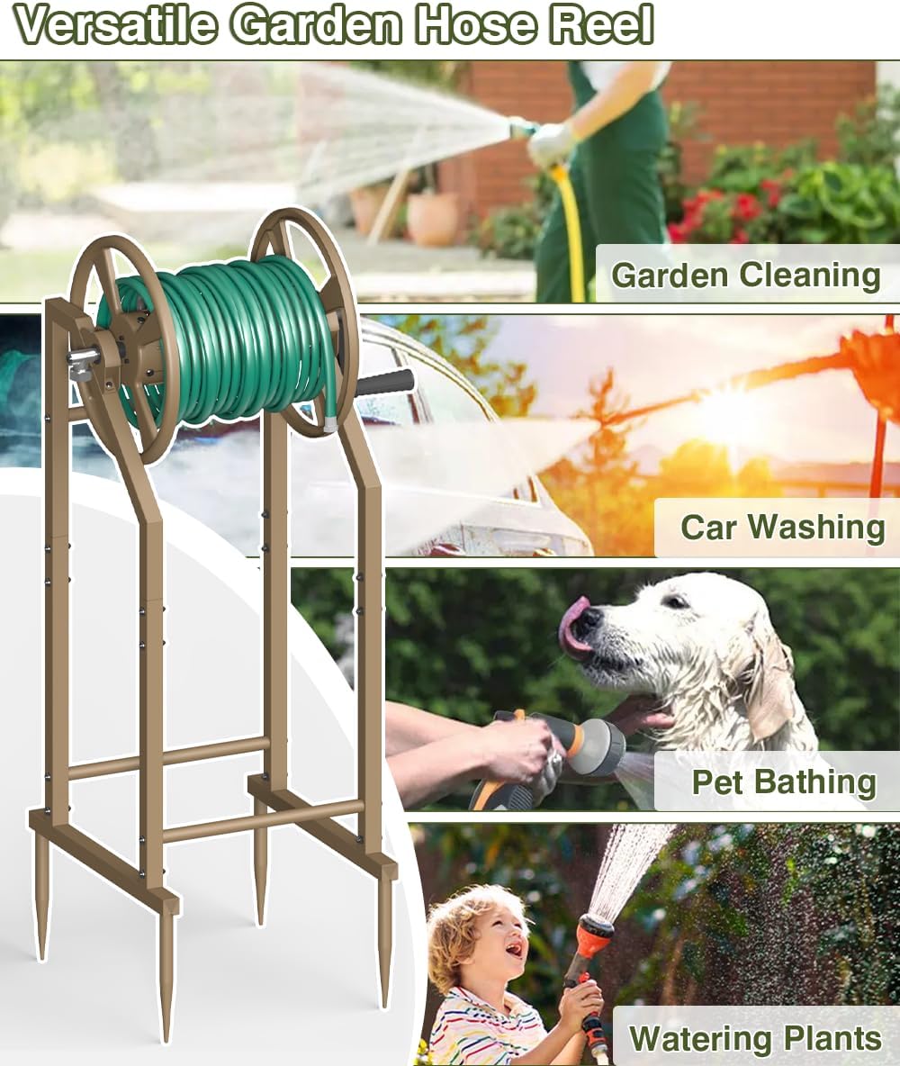 4-Spike Garden Hose Reel with 3.9ft Leader Hose & Stainless Fitting, Outdoor Hose Holder holds 125ft Hose of 5/8", Freestanding Metal Hose Stand for Outside Yard Lawn, Green