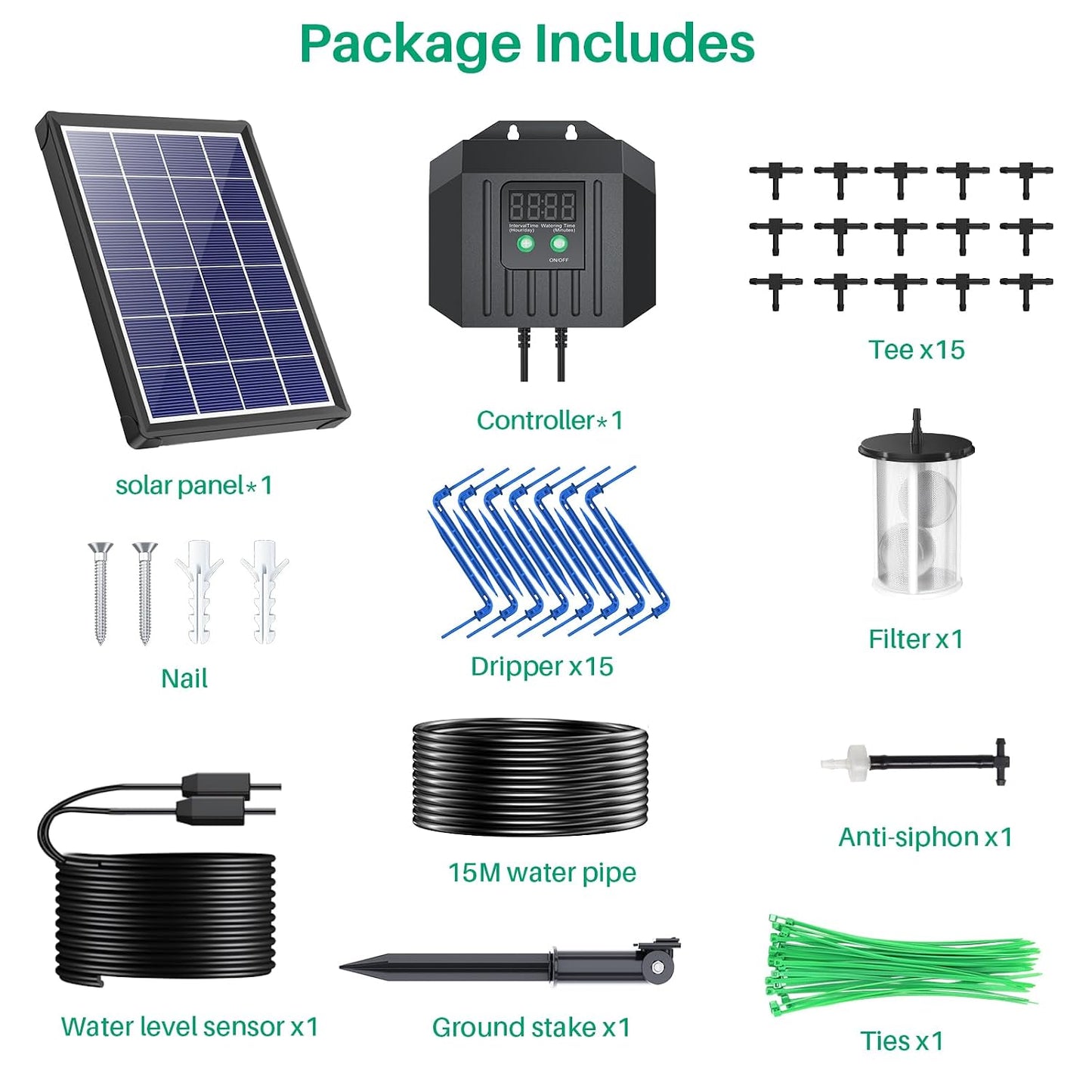 4W Solar Powered Automatic Drip Irrigation Kit with LCD Timer, Customizable Watering Duration 1–30min & Interval 3h–7d, Solar Irrigation System for 15 Potted Plants, Garden, Patio, Vacation