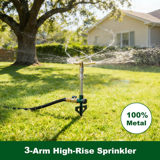 2 Pack Metal Lawn Sprinklers with Adjustable Telescoping Base, 3-Arm Water Sprinkler 360 Degree Rotation High-Rise Sprinkler for Large Area Coverage, Garden Watering Irrigation Sprinkler System
