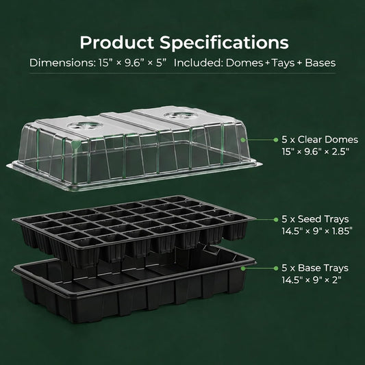 5-Set Seed Starter Tray Kits, Durable Plant Germination Trays with Humidity Vented Domes and Bases, Ideal for Seed Starting, Indoor Gardening, and Greenhouse (Total 200 Cells)
