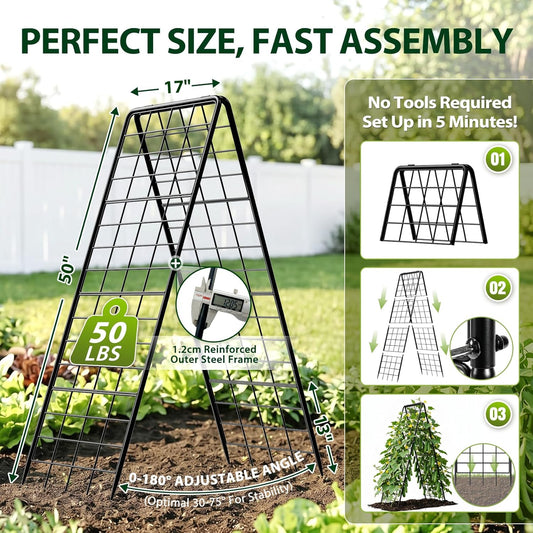 Heavy Duty 2 Pack 50"x17" Adjustable A-Frame Trellis for Climbing Plants Outdoor, Metal Rust-Proof Garden Trellis, Dense Grid Climbing Frame Trellis for Raised Beds, Cucumber, Tomatoes Outdoor