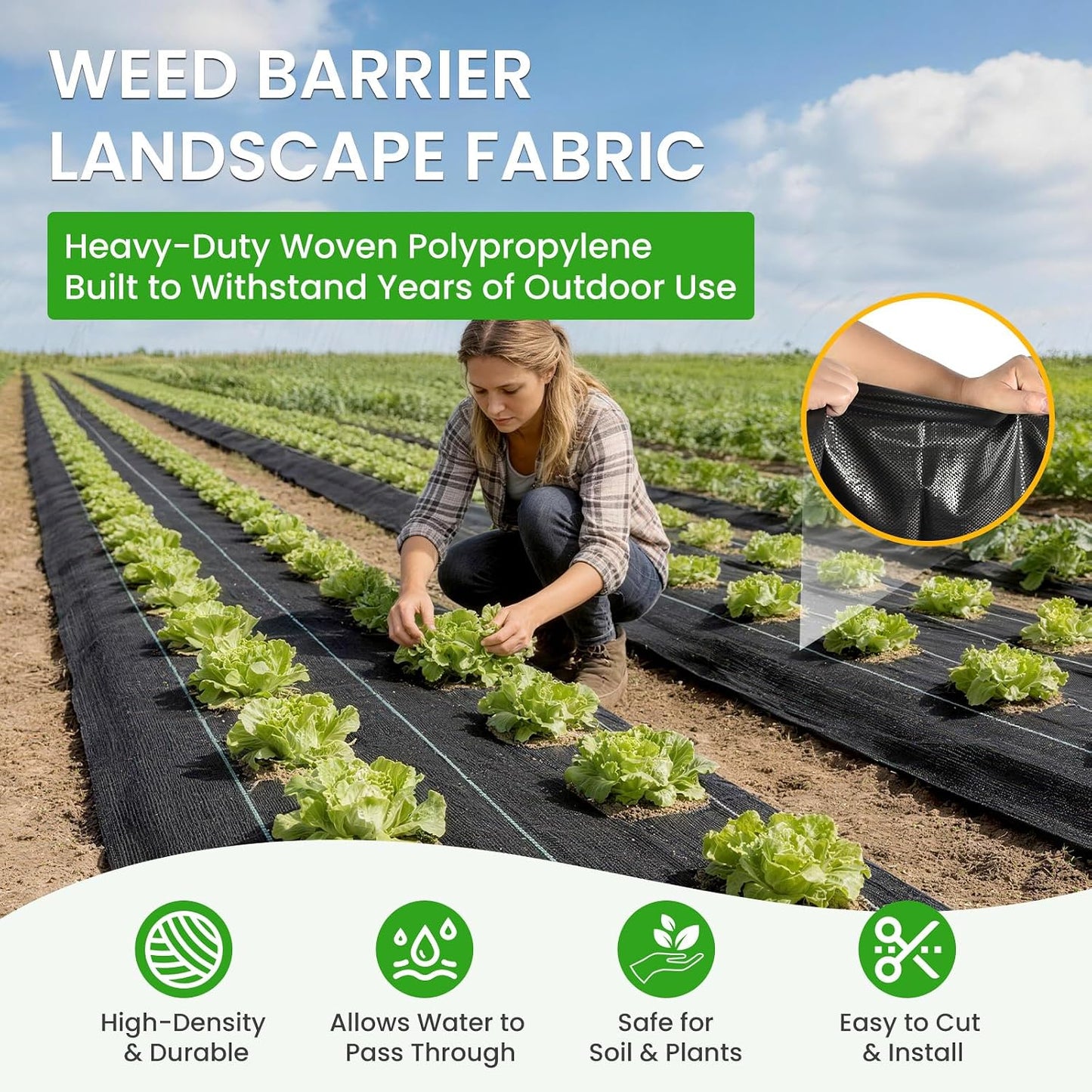 Weed Barrier Fabric, 6x300ft Landscape Fabric, 3.2oz Heavy Duty Durable Woven Geotextile Fabric, High Permeability Ground Cover Mat, Driveway Fabric, Garden Weed Control Cloth with 20 U-Securing Pegs