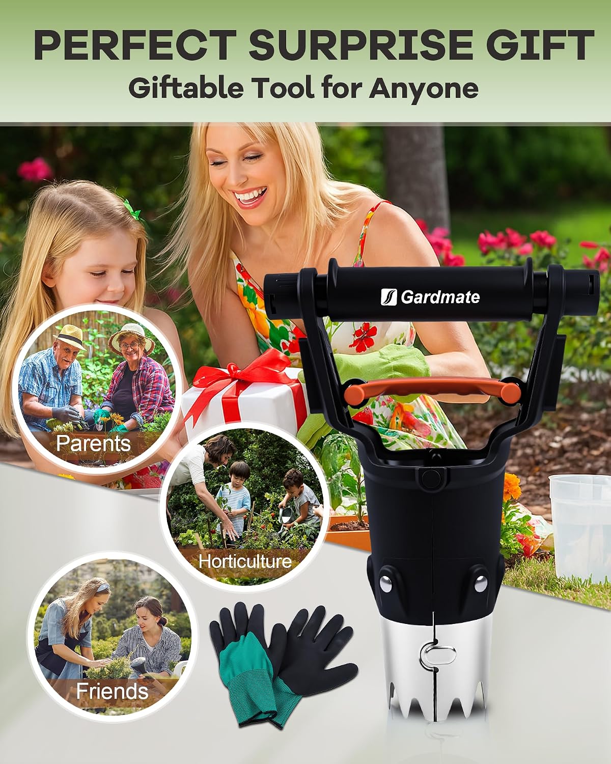 Bulb Planter Tool - One-Touch Automatic Bulb Planter for Bulbs, Seeds & Seedlings - Stainless Steel Garden Bulbs Dibber with Ergonomic Handle - No Bend Planting Tool with Gloves & Brush