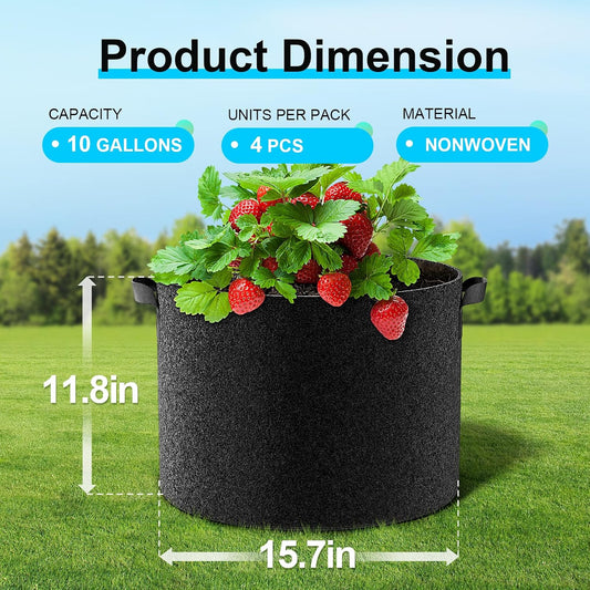 4-Pack Fabric Grow Bags 10 Gallon, Thickened Nonwoven Garden Pots, Growing Bags with Handles, Black