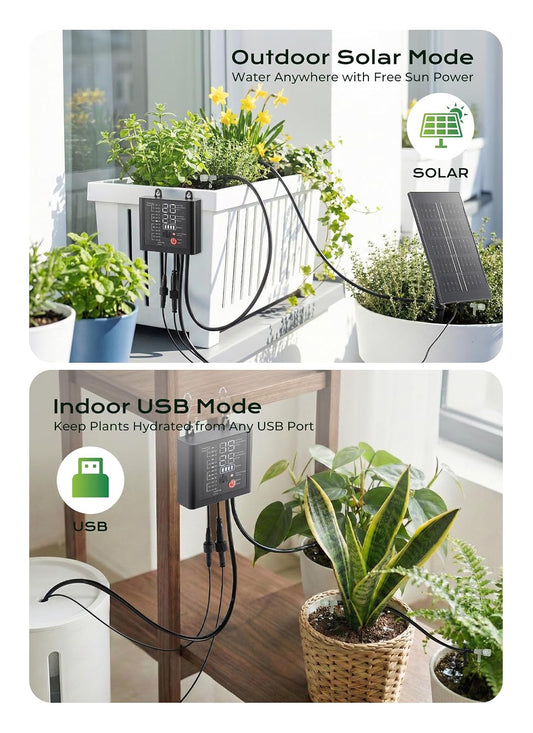 49ft Solar Drip Irrigation System with USB Charging for 15 Potted Plants