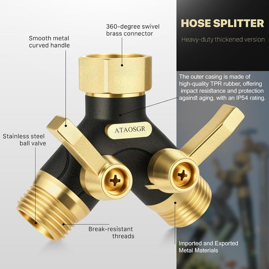 Garden Hose Splitter 2 Way Heavy Duty, Metal Body Water Hose Splitter with Shut-Off Valve, Full Flow Hose Bib Splitter, 3/4'' GHT Y Hose Connector For Outdoor Spigot Faucet