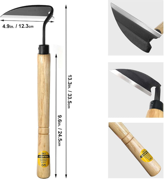 Japanese Weeding Sickle, Wide Blade Gardening Tools - Premium Quality Hand Hoes/Weeding Sickle Have Very Sharp Edge for Quick Work (Long Handle)