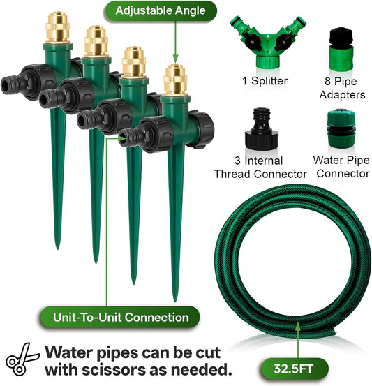 4 Pack Flexible Sprinkler System with Spike Base, Above Ground Sprinkler System kit, Multi-Adjustable Irrigation Sprinkler Set for Yard, Lawn, 32.5FT Garden Hose Included