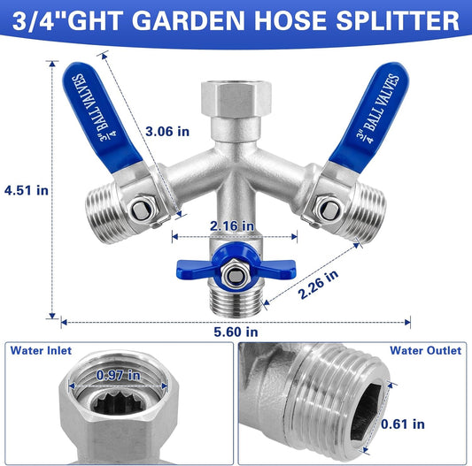 Garden Hose Splitter 3 Way, Heavy Duty 304 Stainless Steel Hose Splitter with Shut-off Valves, Full Flow Garden Water Hose Bib Spigot Splitter, 3/4'' GHT Thread Outdoor Faucet Splitter