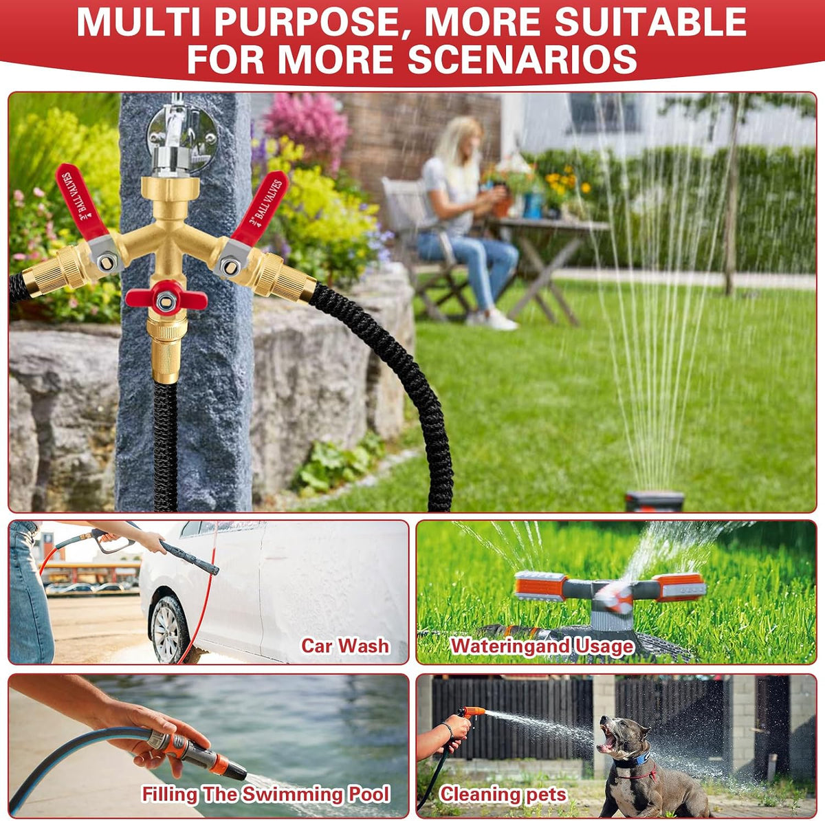 Garden Hose Splitter 3 Way, Heavy Duty 304 Stainless Steel Hose Splitter with Shut-off Valves, Full Flow Garden Water Hose Bib Spigot Splitter, 3/4'' GHT Thread Outdoor Faucet Splitter