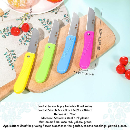 12 Pcs Floral Knife Pruning Knives Garden Hand Pruner Stainless Steel Blade Foldable Florist Knife with Blue Yellow Green Rose Red Cover, Pruner for the Garden Grafting