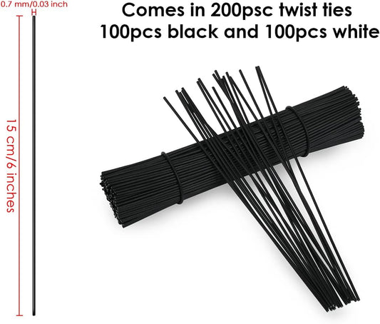 6 Inch Twist Ties Set of 200 Bread Bag Ties Wire Twist Ties for Cord Management (Black and White (round shape))