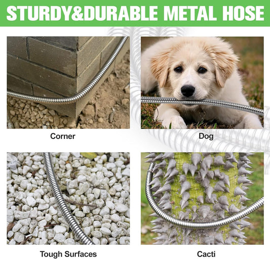 TVKB Garden Hose 100ft Stainless Steel Water Hose Super Tough Flexible Water Pipe with Brass Fittings and Sprayer Nozzle, No Kink, Rust Proof