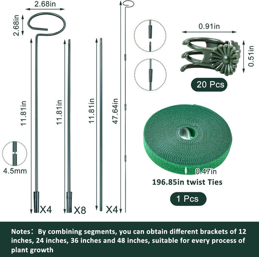 4 Set Metal Plant Sticks Support Tall 48 Inch Adjustable Plants Stem Support Rod Amaryllis Holder Stake Garden Flower Rings with 20PCS Clips 16.5' Plant Ties for Outdoor Indoor Plants