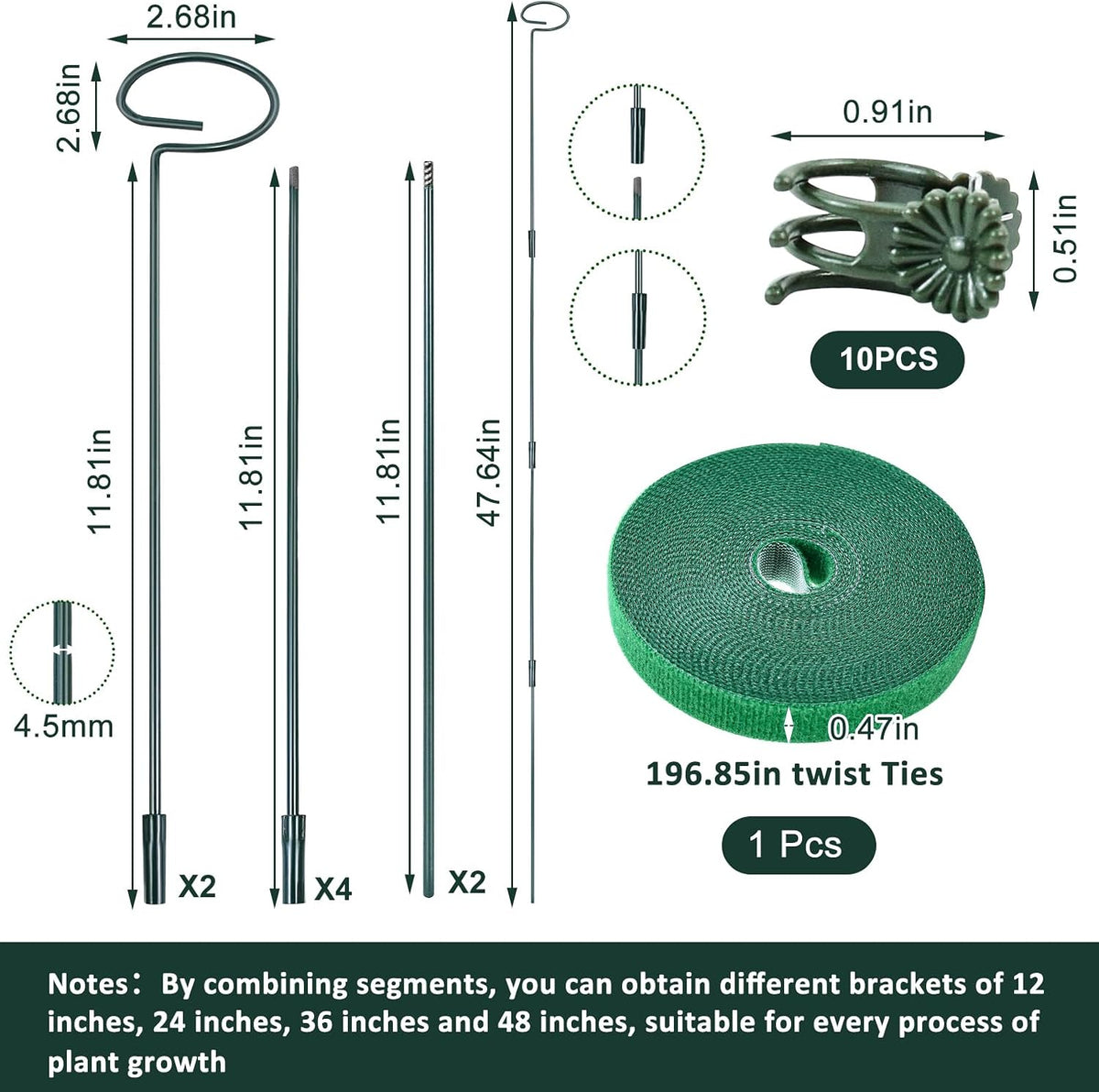 4 Set Metal Plant Sticks Support Tall 48 Inch Adjustable Plants Stem Support Rod Amaryllis Holder Stake Garden Flower Rings with 20PCS Clips 16.5' Plant Ties for Outdoor Indoor Plants