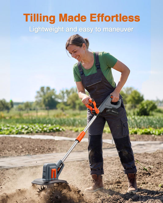 Cordless Tiller Cultivator for Gardening, Battery Powered Garden Rototiller