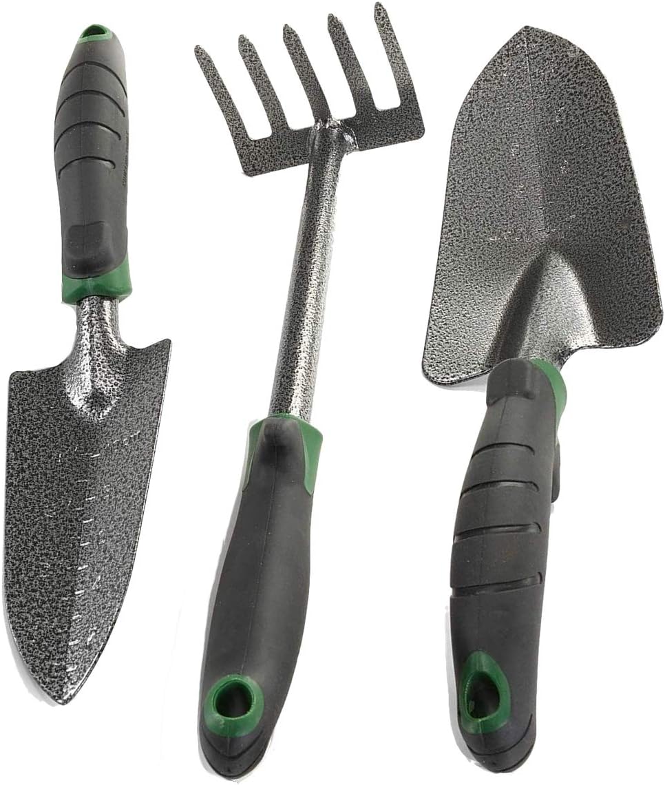 Garden Tool Set - Heavy Duty Carbon Steel Trowel, Transplanter, Hand Rake - 3 Piece Garden Tool Set with Bend-Proof Design - Ergo Rubber Grip Handles