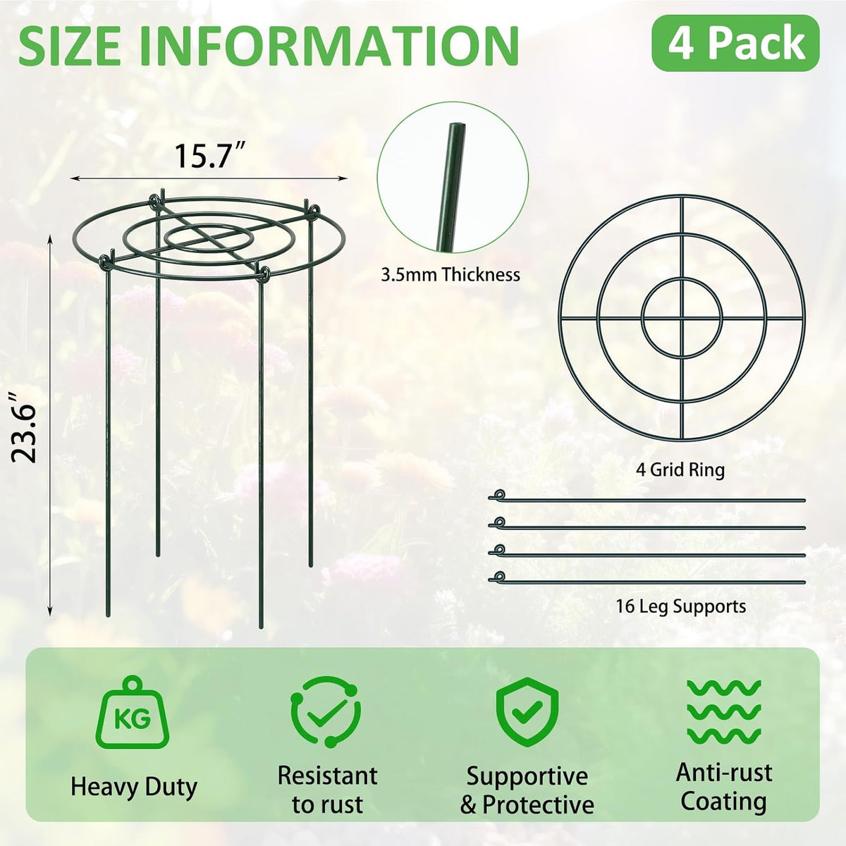 8 Pack Large Peony Cages and Supports 23.6"h x 15.7"d Heavy Duty Plant Support for Outdoor Plants, Meatl Peony Rings, Flower Support Stakes, Garden Stakes for Rose Tomato Hydrangea Strawberry