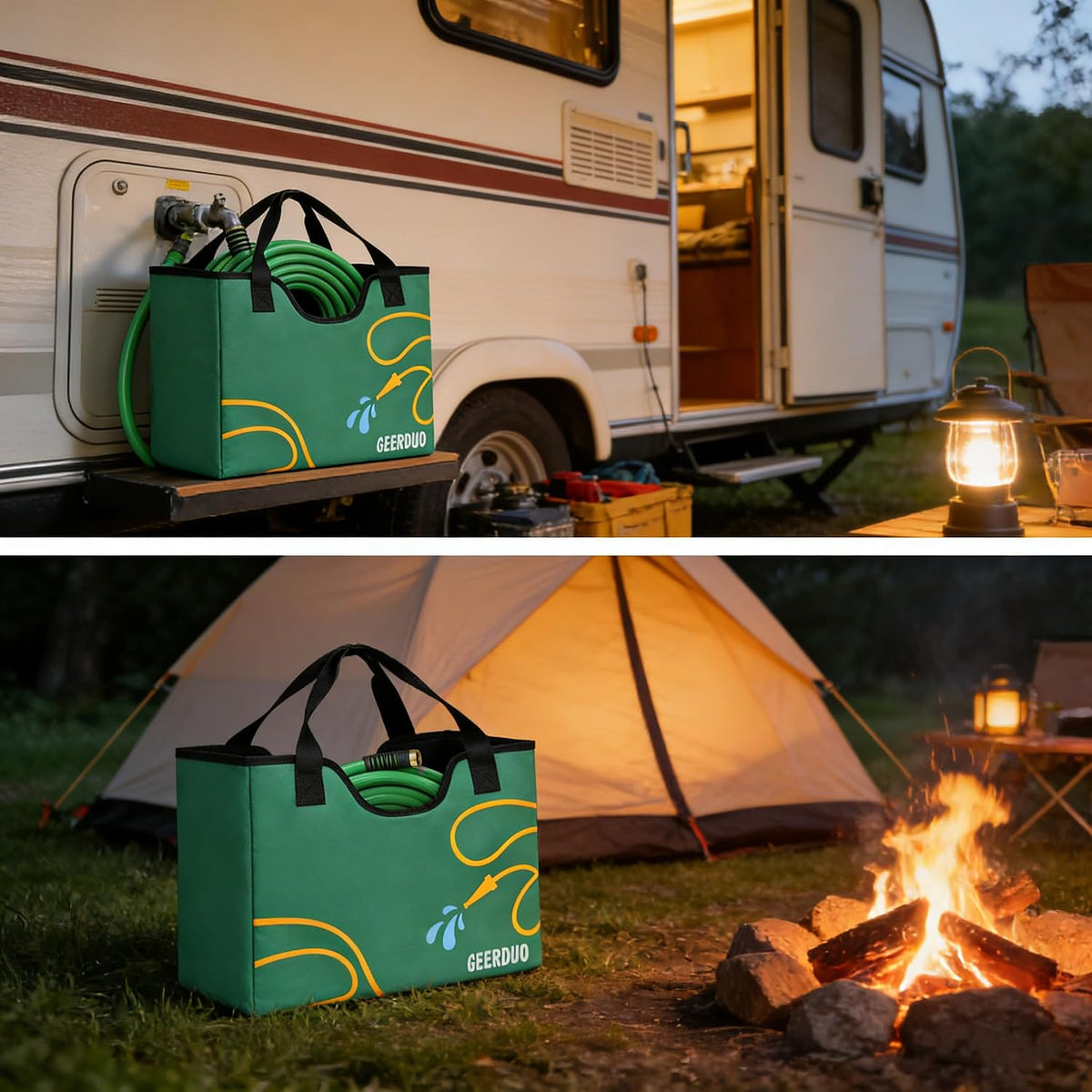 Garden Hose Storage Bag, 50-100FT Portable Expandable Hose Holder for RV, Camping & Car Washing, Waterproof Double-Layer Oxford Cloth Hose Bag for Yard, Camper & Outdoor Use (Green Flower)