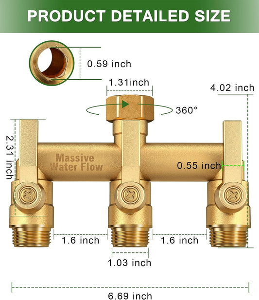 3 Way Hose Splitter Heavy Duty, Solid Brass Full Flow Outdoor Faucet and Garden Hose Splitters, Water Spigot Splitter T Adapter, All Metal Water Connector with Shut-Off Valve, 3/4 - Inch GHT Thread