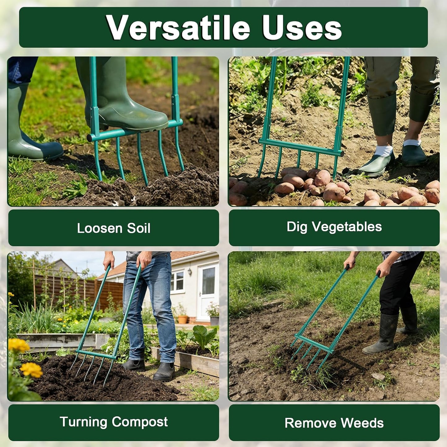 Broad Fork Garden Tool, 5 Tines Heavy-Duty U-Shaped Hand Tiller