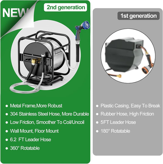 Garden Hose Reel With 100Ft Metal Water Pipe, 360° Rotation Frame