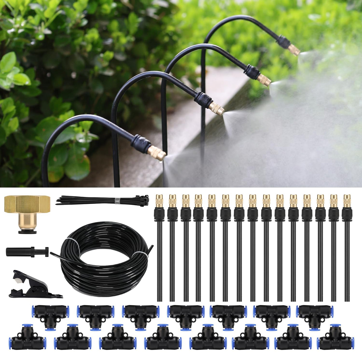 50FT Drip Irrigation System, Complete Garden Watering Kit with Rust-Proof Copper Nozzles - UV Stabilized Flexible Hose for Lawn, Greenhouse, Patio Plants