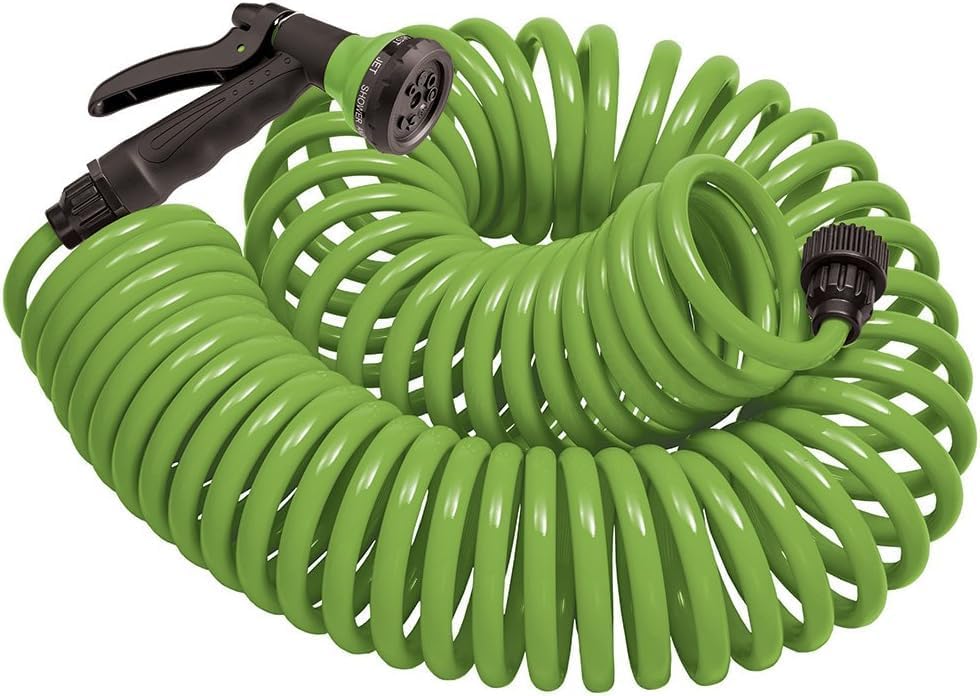 Coil Garden Hose, 25 ft, with 8-Pattern Nozzle, Green - 26380