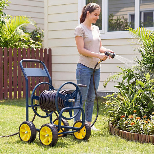 Garden Hose Reel Cart, Mobile Water Hose Cart with Heavy-duty Metal Frame & 4 Solid Wheels, Hold up to 330 ft of 5/8" Hoses, Outdoor Planting Tool for Lawn & Backyard (Navy Blue)
