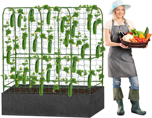 GENMOUS Garden Trellis for Climbing Plants, Cucumber Trellis with Grow Bag, 65 X 50 Inch Large Metal Trellis for Climbing Raised Bed Vegetable Outdoor