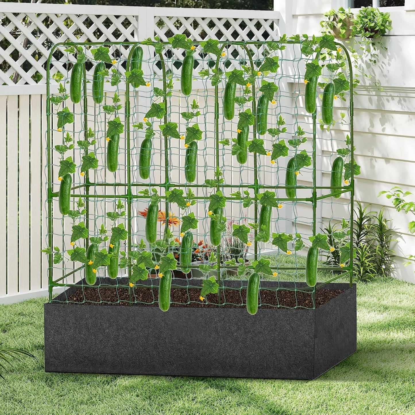 GENMOUS Garden Trellis for Climbing Plants, Cucumber Trellis with Grow Bag, 65 X 50 Inch Large Metal Trellis for Climbing Raised Bed Vegetable Outdoor
