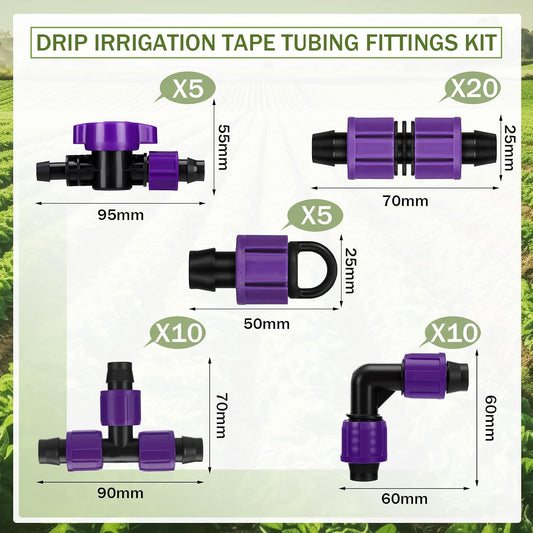 50 Pcs Garden 5/8" Drip Irrigation Tape Tubing Fittings Kit Include Connector, Tee Coupling, Elbows, End Cap, On/Off Valve Barb for Most 16-17 mm Tubing Irrigation System(Purple)