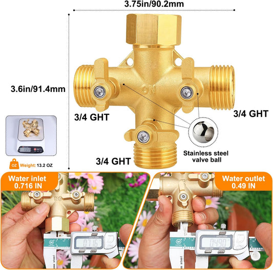 Garden Hose Splitter, Brass 3 Way Valve 3/4" GHT, 1 Pack