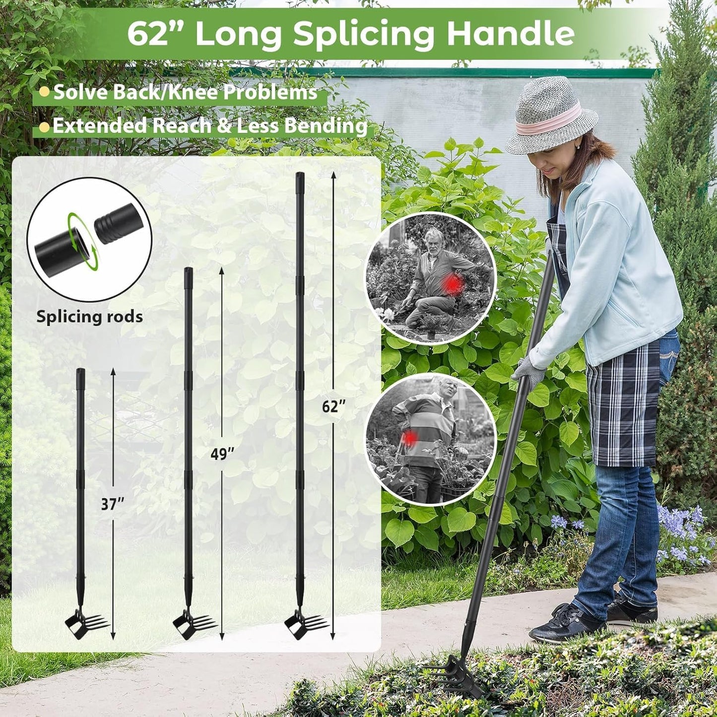 2 in 1 Heavy Duty Garden Hoe and Cultivator, 62 Inch Long Handle Stirrup Hoe Set, Lightweight Weeding Rake for Fast Weed & Grass Removal, Cultivating, Loosen Soil, Sharp Edge