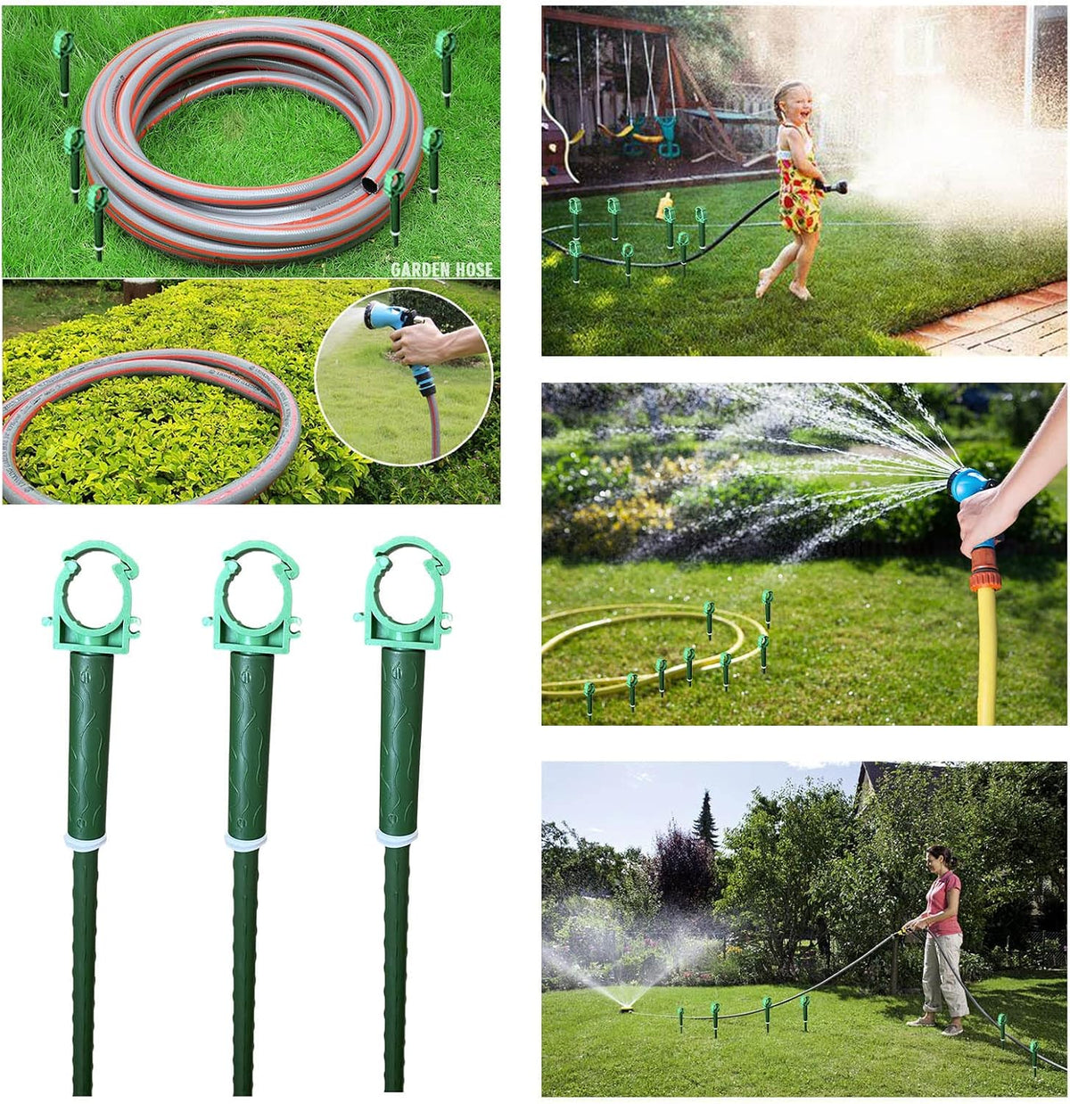 Green Plastic Hose Guide Stakes, Set of 6, 15 Feet, Protects Lawn & Plants, Heavy Duty Hose Guide Spikes