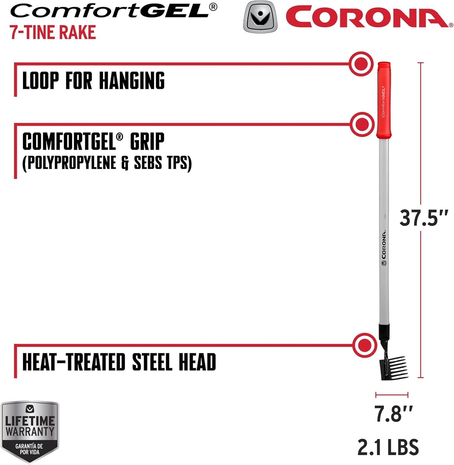 GT 3234 Reach 7-Tine Extended Rake, Silver,RED,Black
