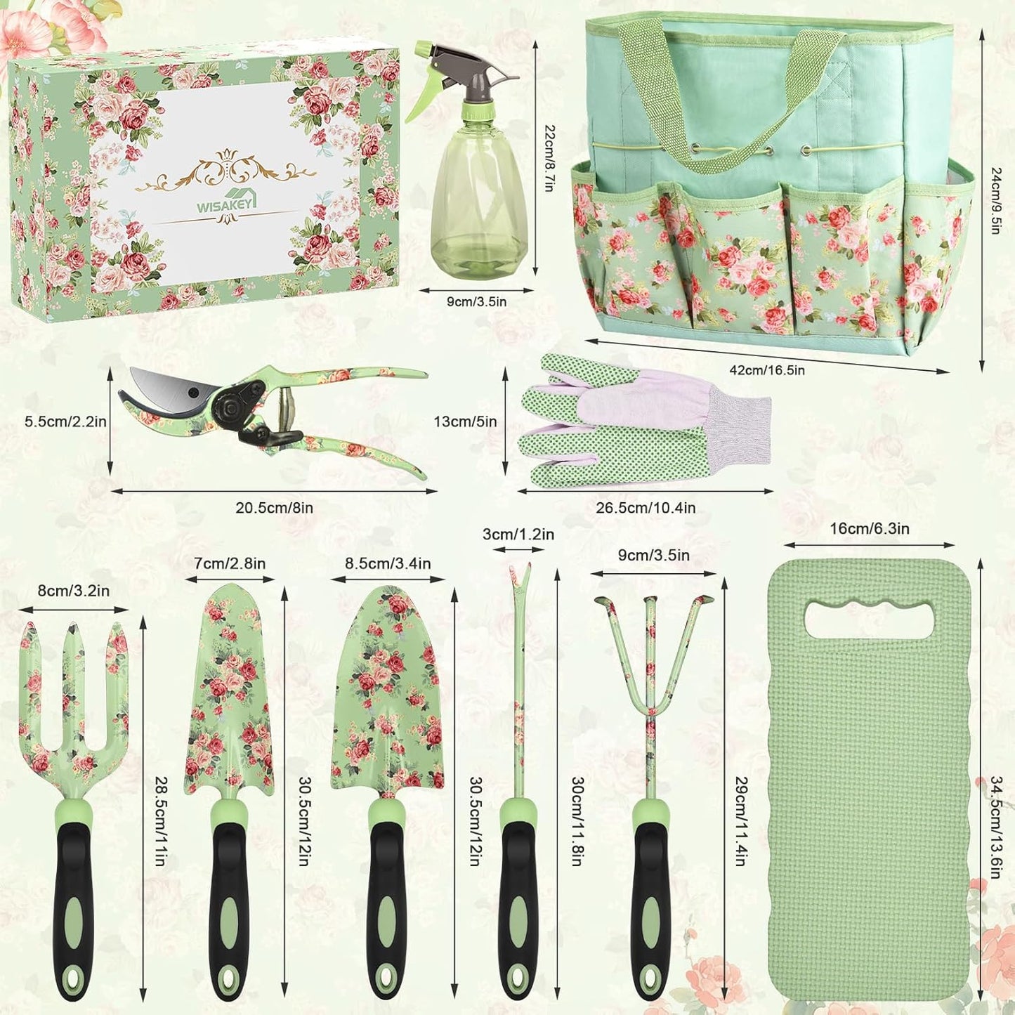 WisaKey 10 Piece Gardening Tools Heavy Duty Garden Tools Set Handbag, Green