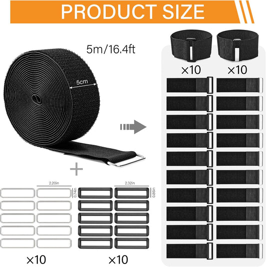 2"x16ft Heavy Duty Cable Straps with 20 Reusable Buckles, Cinch Straps Free Cut to Size, Adjustable Nylon securing straps for Organizing Cords, Hoses Storage, Outdoor Gear