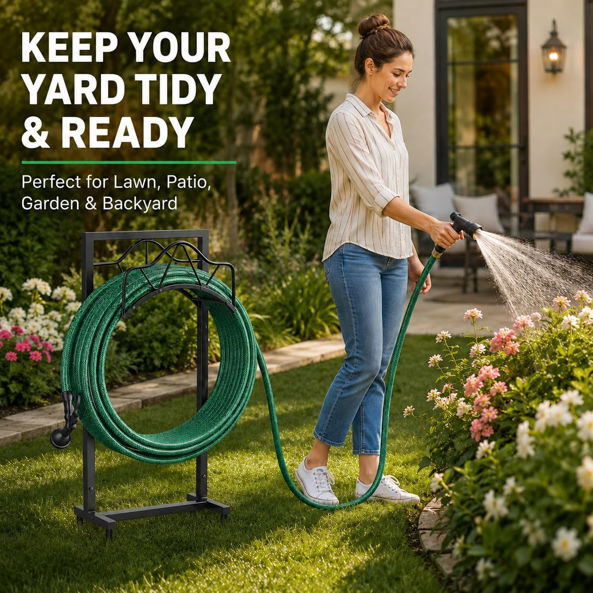 Freestanding Garden Hose Holder - Heavy Duty Metal Water Hose Holder for Outside, Detachable Hose Rack & Storage Hanger, 160FT Capacity for Lawn & Yard, Black