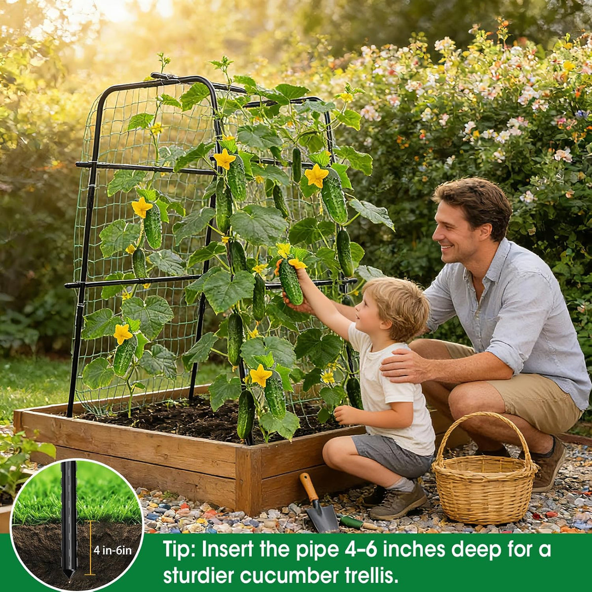 Cucumber Trellis for Raised Bed and Garden, 47" H x 47" W U-Shaped Metal Garden Trellis for Climbing Plants with Nylon Netting, Vegetable Support Frame