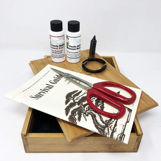 Starter Bonsai Tool Kit - Survival Guide + Set Includes: Butterfly Pruning Shears, Bottle Uncle Bill's Fertilizer, 2 Ounce Frit, Aluminum Wire, Genuine Chinese Mud Figurine - Bamboo Case