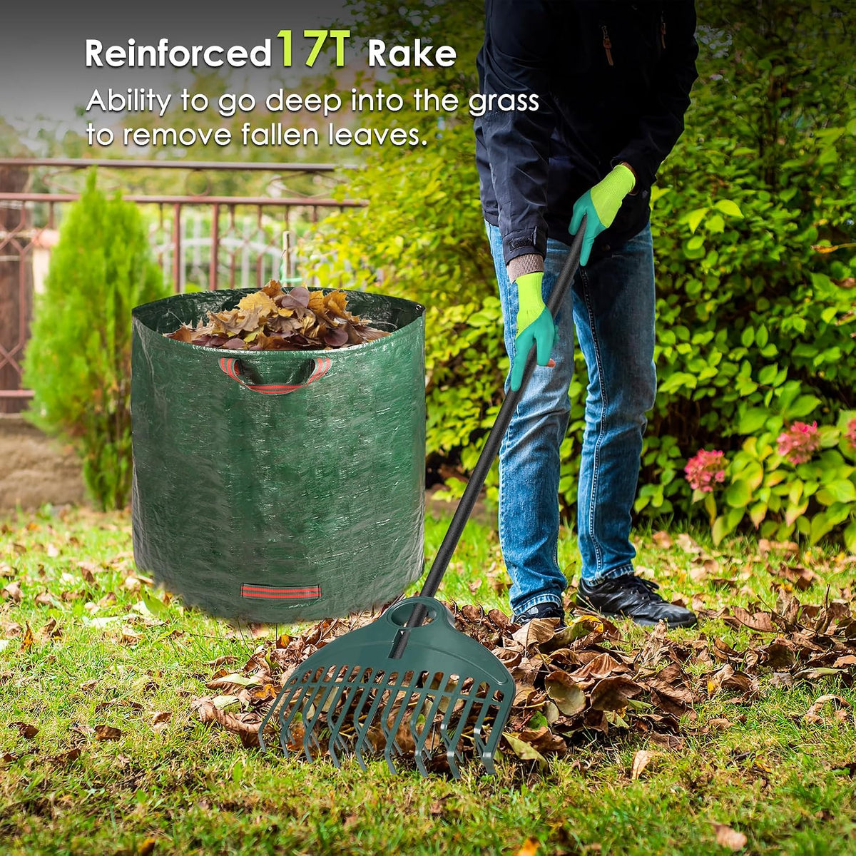 17Tines Double Row Garden Rake Set with 9Tines Leaf Hand Rakes, 272L Leaves Bin and Gardening Gloves for Scooping and Picking up Leaves, Clear and Collect Garden Rake Kit