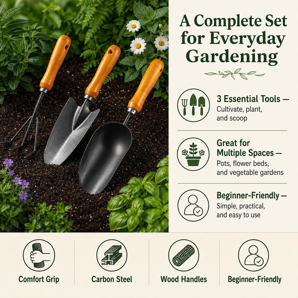 3-in-1 Heavy Duty Gardening Tools Kit, Premium Carbon Steel Garden Hand Tools with Ergonomic Wooden Handle Includes Trowel, Transplanter, and Cultivator, Ideal Gardening Gifts for Gardener