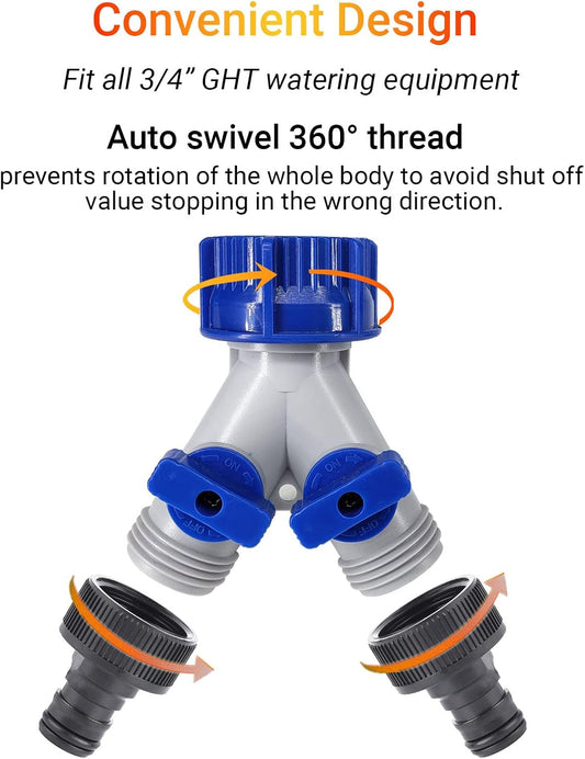 Garden Hose Splitter, 2 Pack 360° 3/4" Plastic Water Hose Splitter 2 Way, Garden Hose Connector with Faucet Watering Shut Off for Landscaping, Gardening, Flower Planting, Irrigation