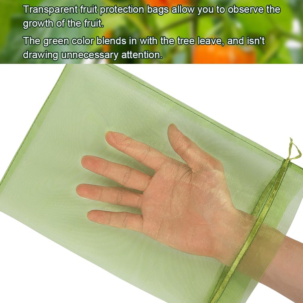Shintop 100Pcs Fruit Protection Bags, 6x9 Inch Green Fruit Tree Netting Cover Drawstring Mesh Tomato Bags Pest Barrier for Apples Mango