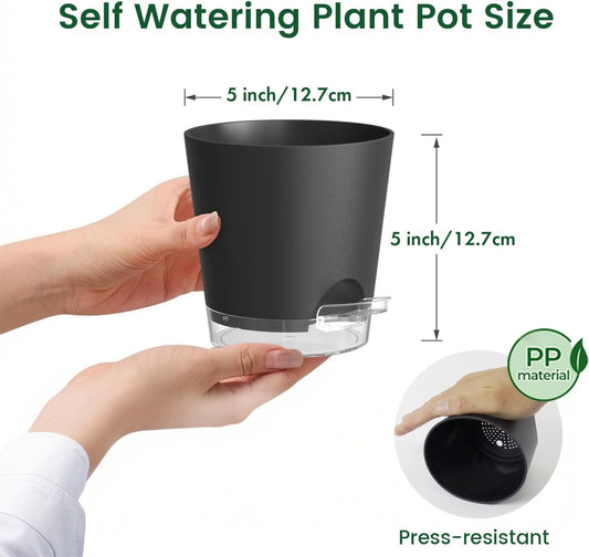 Meowell Self Watering Pots Pack of 6 – Different Size 4" to 7" Indoor Plant Pots with Drainage Holes and Clear Reservoir for Visible Water Level, Plastic Wicking Planters for House Plants, White